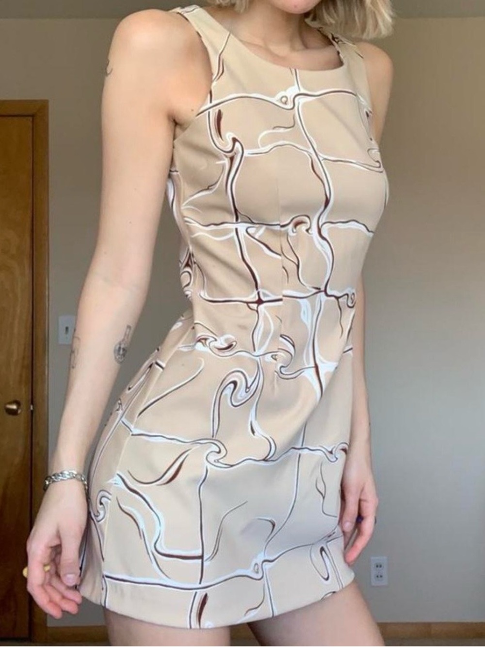 Vintage Beige Swirl Print Mini Dress